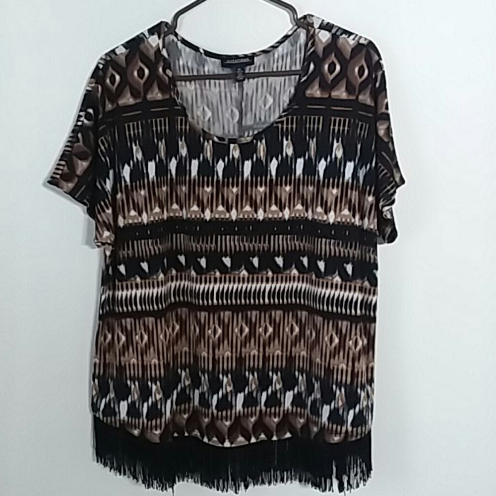 XL Notations Black Brown White Fringe Shirt Top